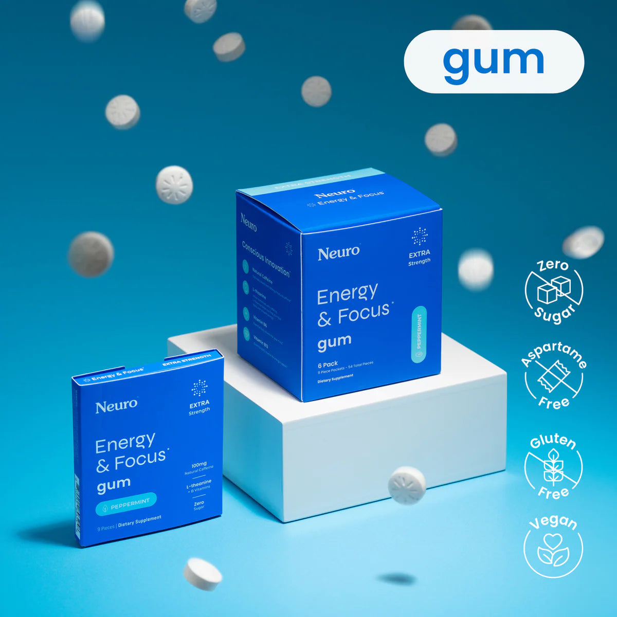 Energy and Focus Gum | Extra Strength | Peppermint: 9 Pieces
